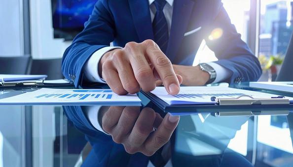 資料を指差して説明するビジネスマンの写真