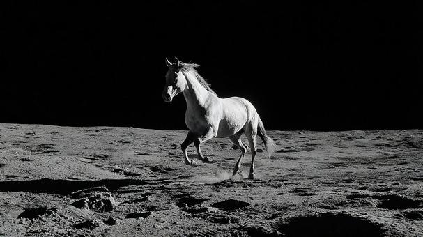 月面を駆ける白い馬の幻想的な写真 月面を駆ける白い馬の幻想的な写真の写真