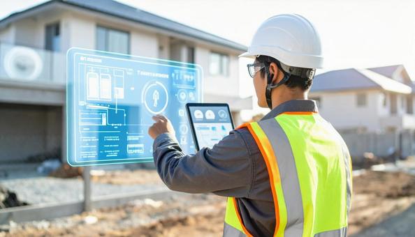 住宅建築現場でホログラム図面を見る作業員の写真