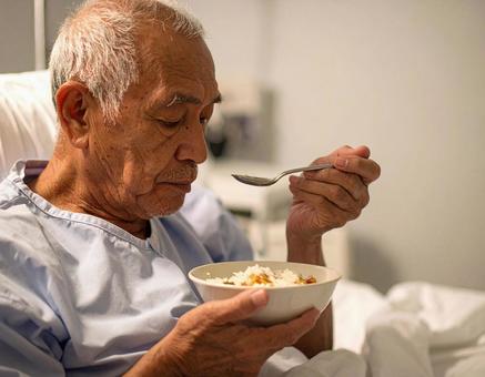 端座位で食事をするシニア男性の患者 端座位で食事をするシニア男性の患者の写真