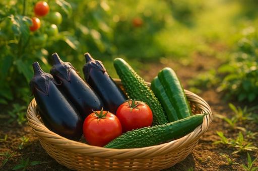 収穫籠の夏野菜 収穫籠の夏野菜の写真