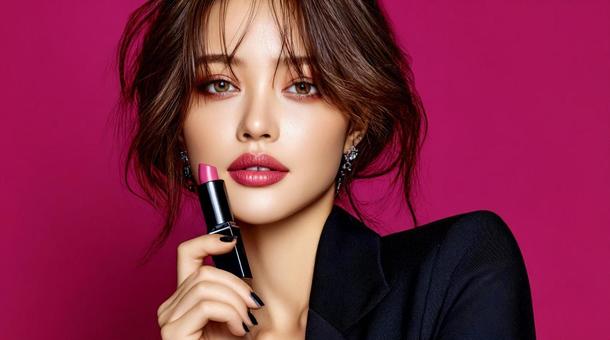 コスメ広告風リップを持つモデル コスメ広告風リップを持つモデルの写真