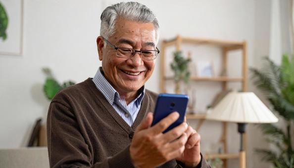スマホを操作し笑顔の高齢の日本人男性 スマホを操作し笑顔の高齢の日本人男性の写真
