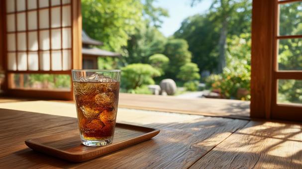縁側と夏の冷たい麦茶の写真