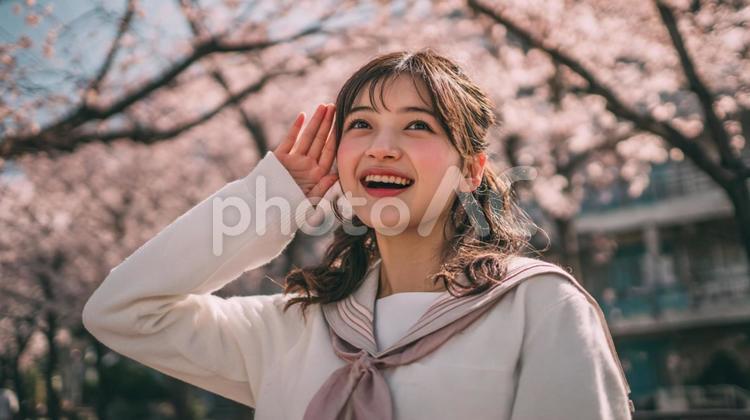 桜の下で耳をすます女子学生 女性,桜,制服の写真素材