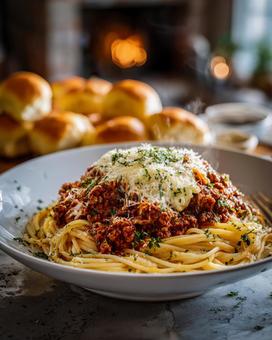 美味しそうなパンとミートソースパスタの写真
