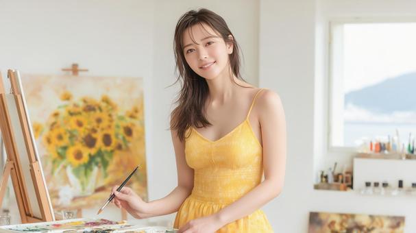 ひまわりの油絵を描く女性 ひまわりの油絵を描く女性の写真