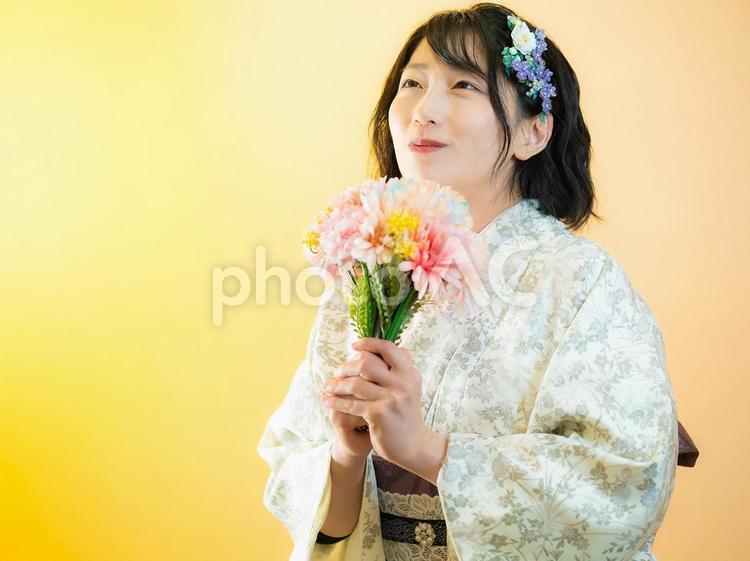 10：洋風な着物を着る女性：色背景 女性,日本人,着物の写真素材