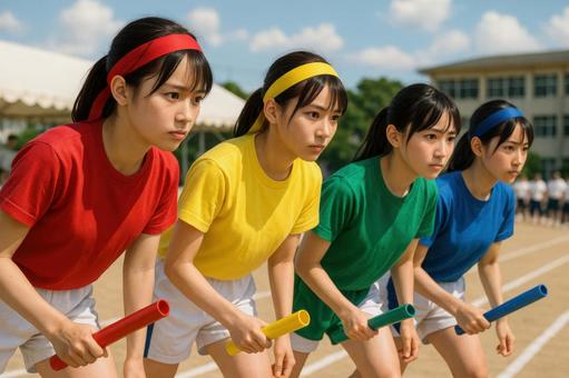 色別対抗リレーで並ぶ高校生女子 色別対抗リレーで並ぶ高校生女子の写真