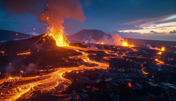 星空に映える溶岩と火山噴火 星空に映える溶岩と火山噴火の写真