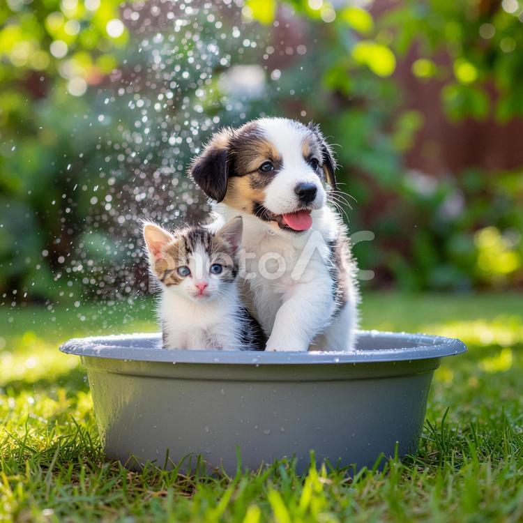 庭で水遊びをしている子犬と子猫 水遊び,笑顔,犬の写真素材