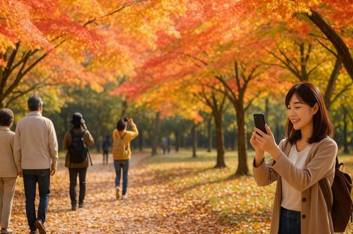 紅葉の写真を撮る女性 紅葉の写真を撮る女性の写真