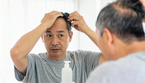 脱毛症 鏡を見て薄毛に悩む中年男性 脱毛症 鏡を見て薄毛に悩む中年男性の写真