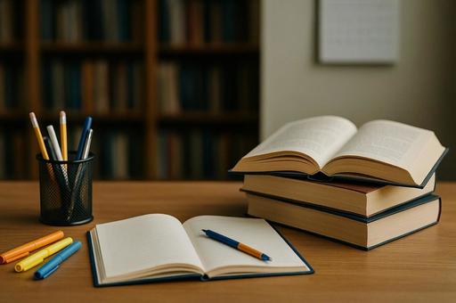 机に広がる参考書とノートの静かな学習風景 机に広がる参考書とノートの静かな学習風景の写真