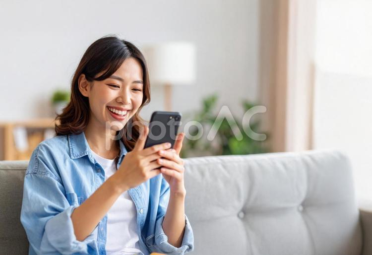スマホの投稿を見て喜ぶ若い女性 スマートフォン,スマホ,通知の写真素材