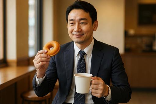 ビジネスマンが休憩中に食べるドーナツ ビジネスマンが休憩中に食べるドーナツの写真