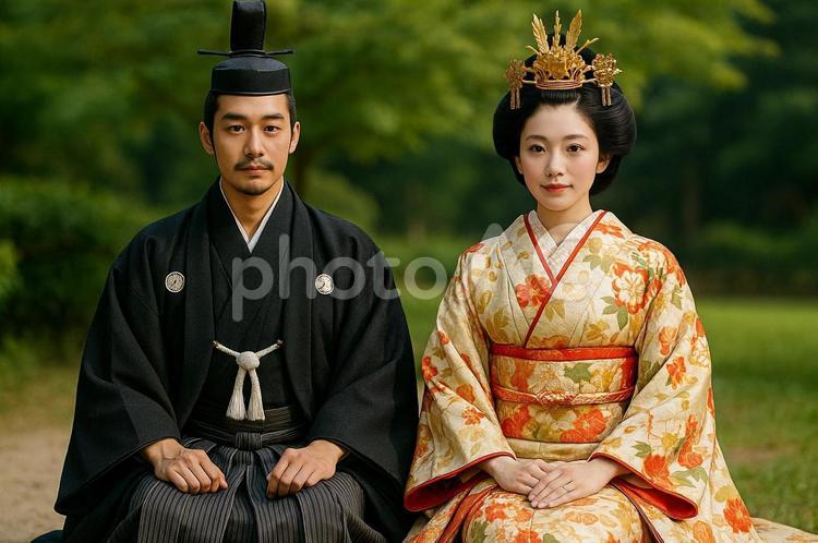 伝統衣装の日本人夫婦 日本人,男性,女性の写真素材