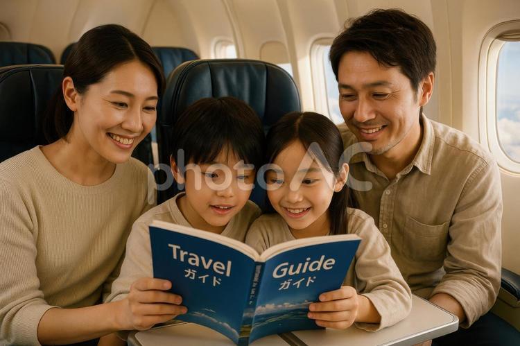 機内で旅行ガイドブックを読む日本人家族 機内,家族,日本人の写真素材