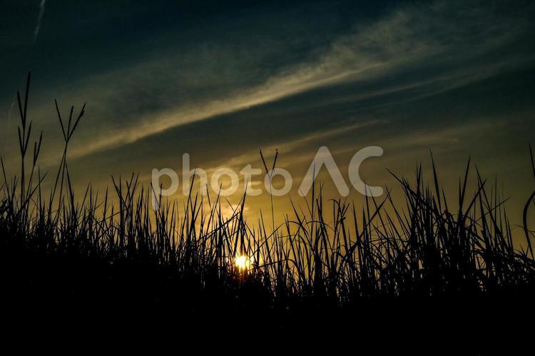 ＜素材＞夕暮れの鬼岳山頂付近の空と草原 夕方,サンセット,日没の写真素材