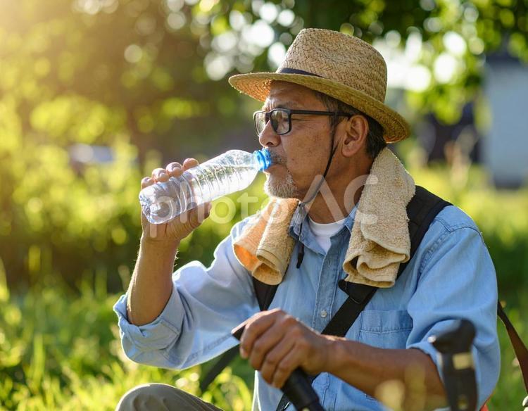 農作業、炎天下の真夏で給水で熱中症予防 熱中症対策,水分補給,夏の写真素材