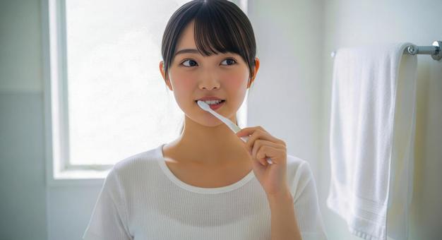 朝の洗面所で歯磨きをする若い女性の写真