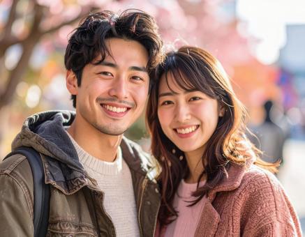 秋の紅葉の中、デートする20代カップル 秋の紅葉の中、デートする20代カップルの写真