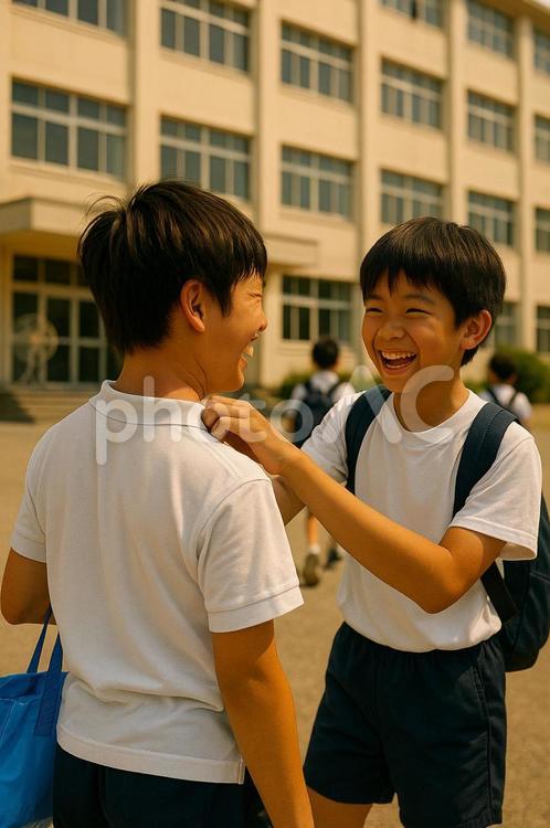 夏休みの登校日久しぶりに友達に会った 夏,summer,学校の写真素材