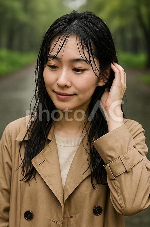 雨に濡れた髪を整える女性 女性,雨,濡れるの写真素材