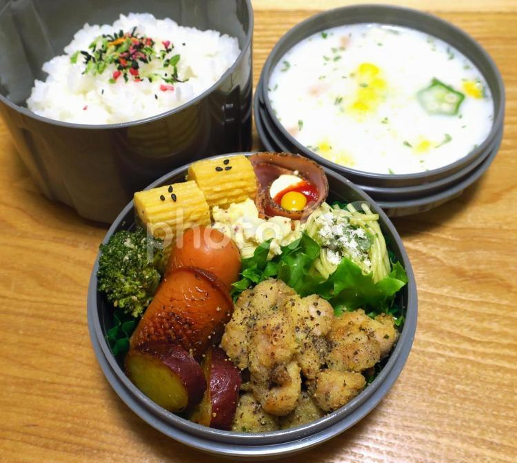 手作り弁当　カラアゲとクラムチャウダー 手作り,弁当,ランチの写真素材