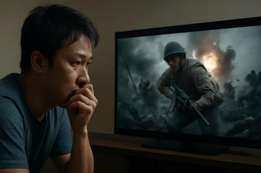 戦争映画を観る男性 戦争映画を観る男性の写真