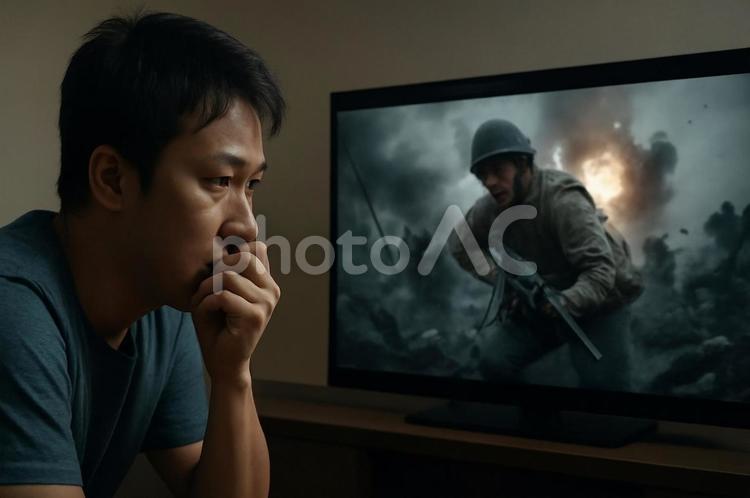 戦争映画を観る男性 映画,人物,戦争の写真素材