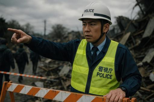 災害現場で誘導する警察官 災害現場で誘導する警察官の写真