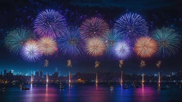 海上で打ち上がる夏祭りの花火大会 海上で打ち上がる夏祭りの花火大会の写真