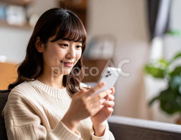 自宅のリビングでスマホを操作する女性 自宅,リビング,スマホの写真素材