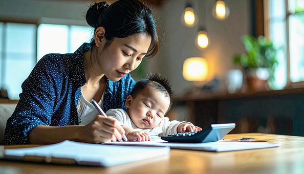 教育費 眠る日本人の赤ちゃんと電卓 教育費 眠る日本人の赤ちゃんと電卓の写真