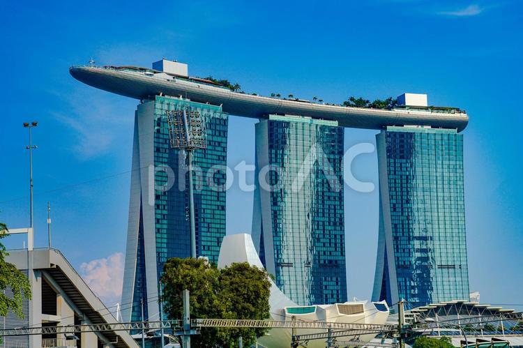 シンガポールの青空の下の展望 マリーナベイ・サンズ,シンガポール,ビル群の写真素材