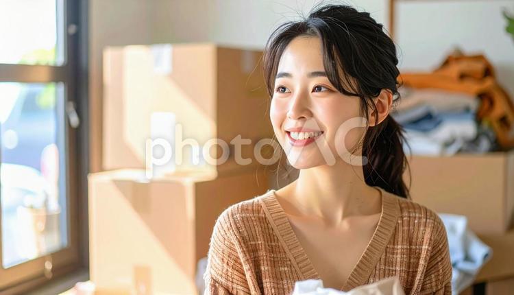 明るい部屋で断捨離を楽しむ女性 女性,断捨離,片付けの写真素材