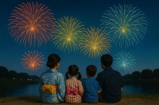 浴衣家族が見上げる夏の夜空に咲く花火 浴衣家族が見上げる夏の夜空に咲く花火の写真