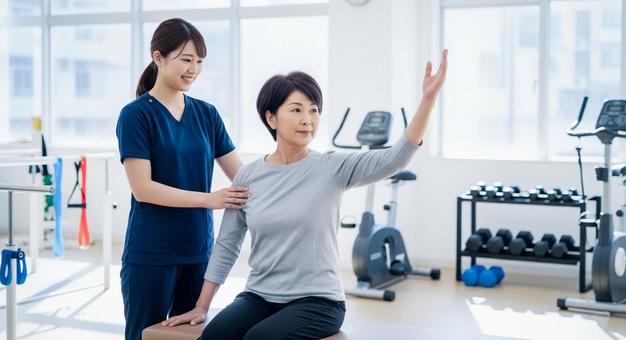 リハビリ風景:女性理学療法士と患者 リハビリ風景:女性理学療法士と患者の写真