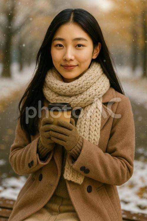 コーヒーを手に冬の街に立つ女性 冬,女性,コートの写真素材