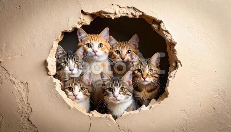 壁から猫 猫,猫科,群れの写真素材