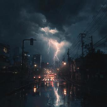 夜の日本の都市に落ちる稲妻 夜の日本の都市に落ちる稲妻の写真