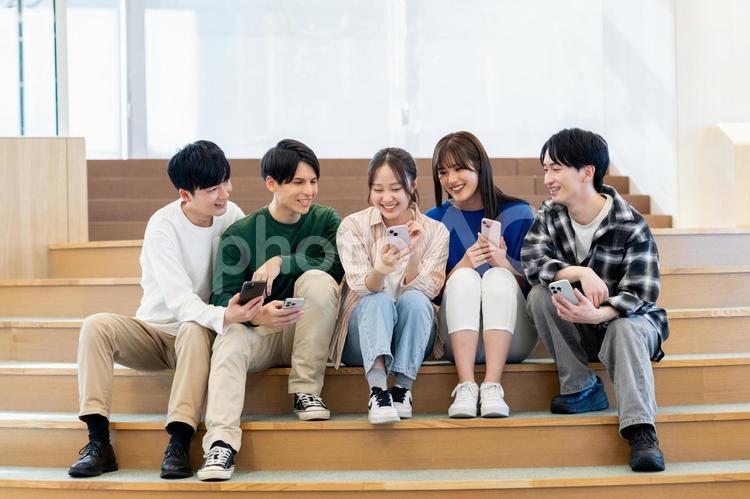 スマホを見る大学生の男女 スマホ,大学生,大学の写真素材