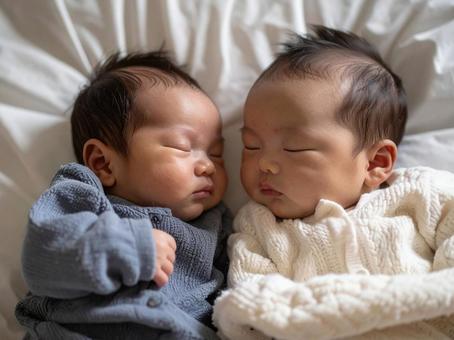 寝ている2人の赤ちゃん 寝ている2人の赤ちゃんの写真