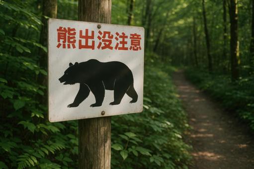 動物注意の看板と森道の写真