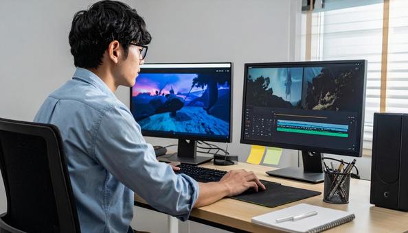 動画編集する男性の写真