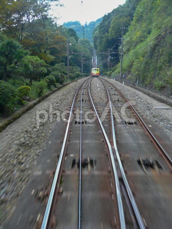 ケーブルカーの線路交差部 ケーブルカー,高尾山,山の写真素材