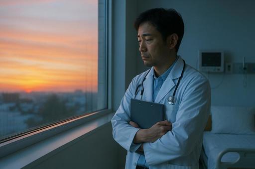病室から遠くを見つめる男性医師 病室から遠くを見つめる男性医師の写真