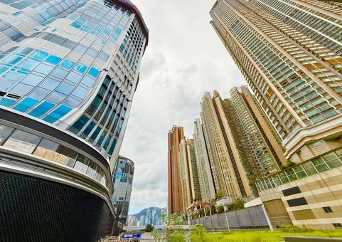 Hong Kong's high-rise apartment buildings seen from below, JPG