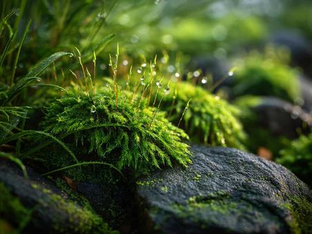 輝く水滴が美しい苔のクローズアップ 輝く水滴が美しい苔のクローズアップの写真